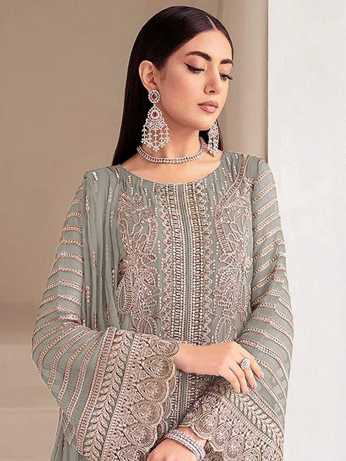 Odette Pista Georgette Embellished Semi Stitched Kurta Set For Women - Image 2