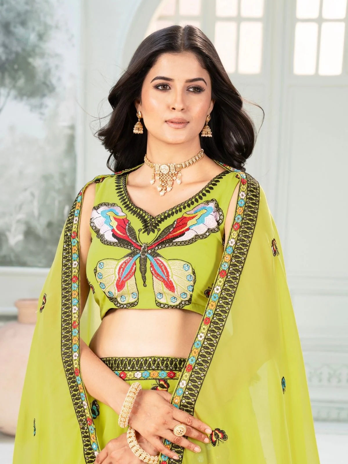 Odette Pista Georgette Embellished Semi Stitched Lehenga For Women - Image 4