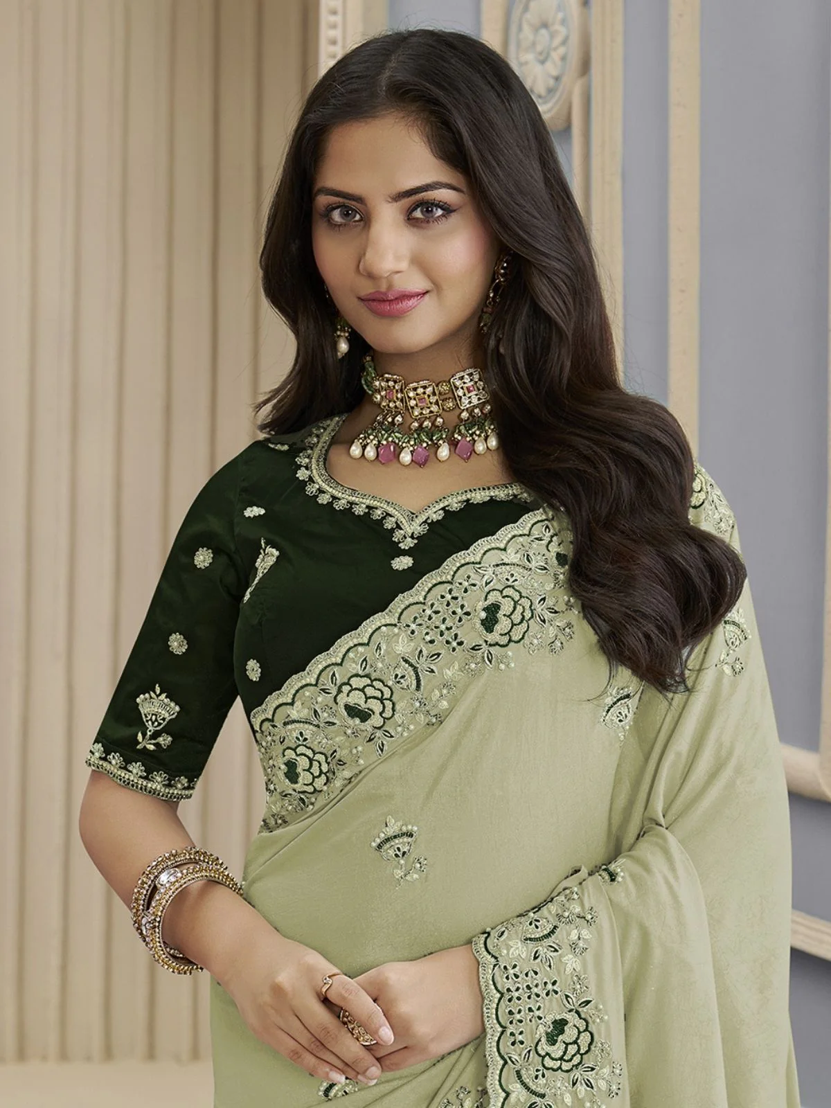 Odette Pista Georgette Embroidered Elegant Saree For Women - Image 2