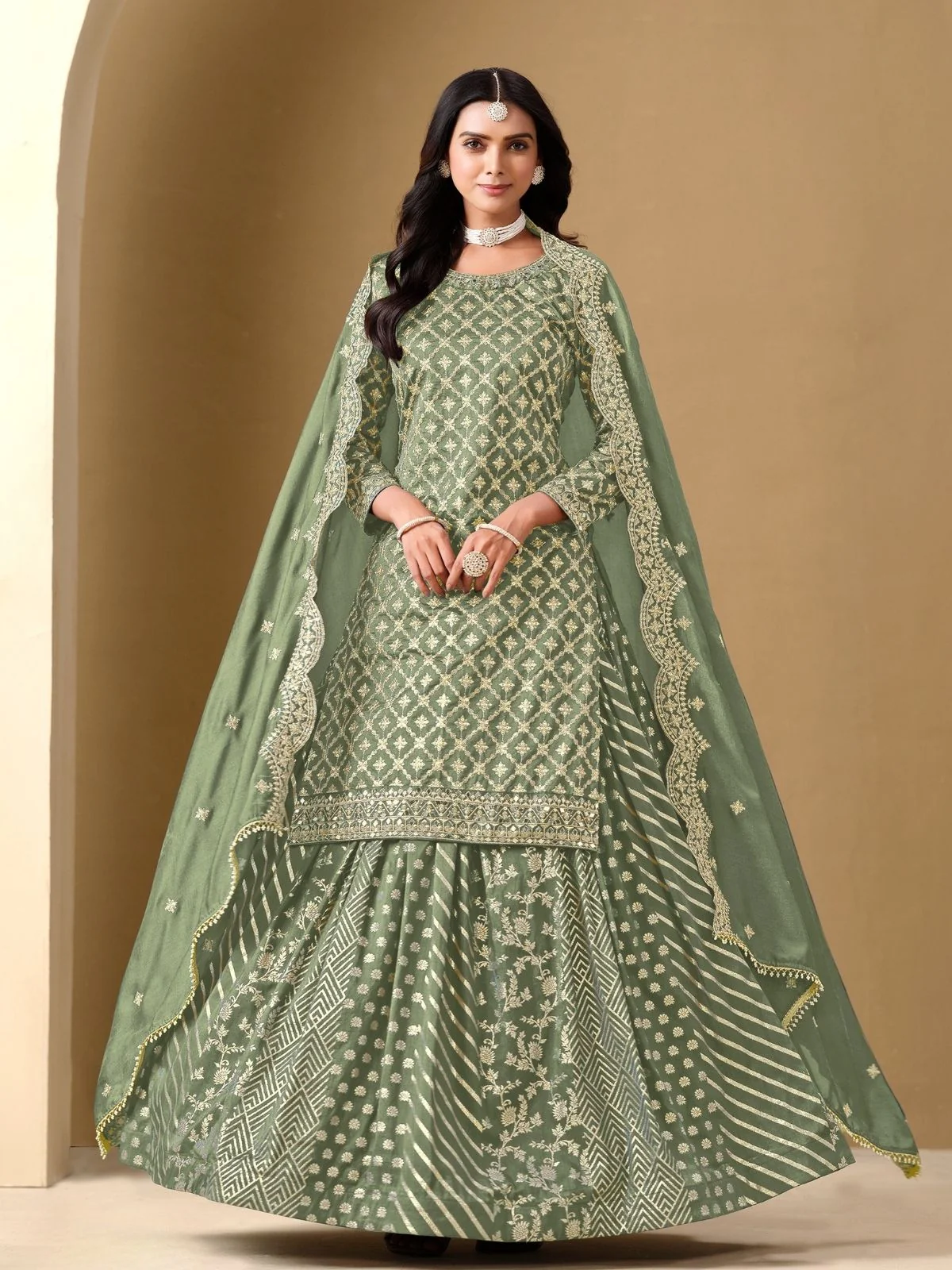 Odette Pista green Art Silk Embroidered Semi-Stiched Kurta Set For Women