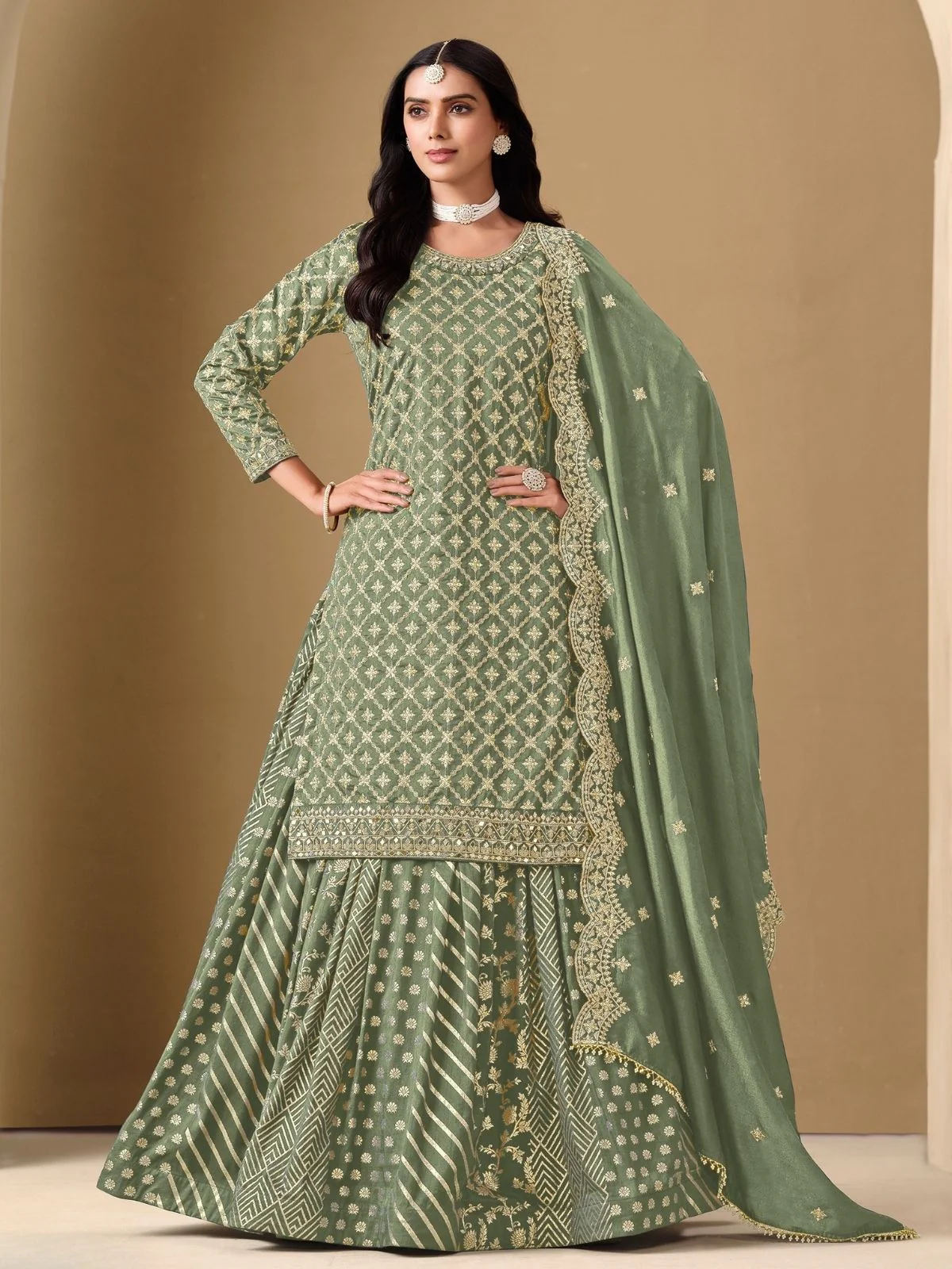 Odette Pista green Art Silk Embroidered Semi-Stiched Kurta Set For Women - Image 2