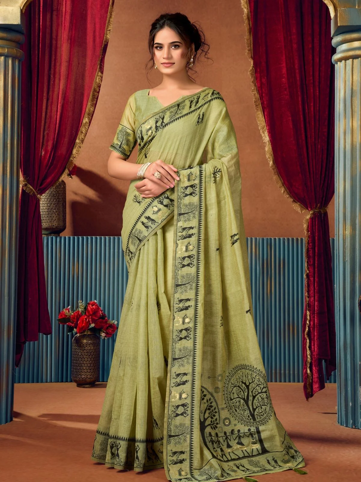 Odette Pista Green Cotton Blend Printed Saree For Women