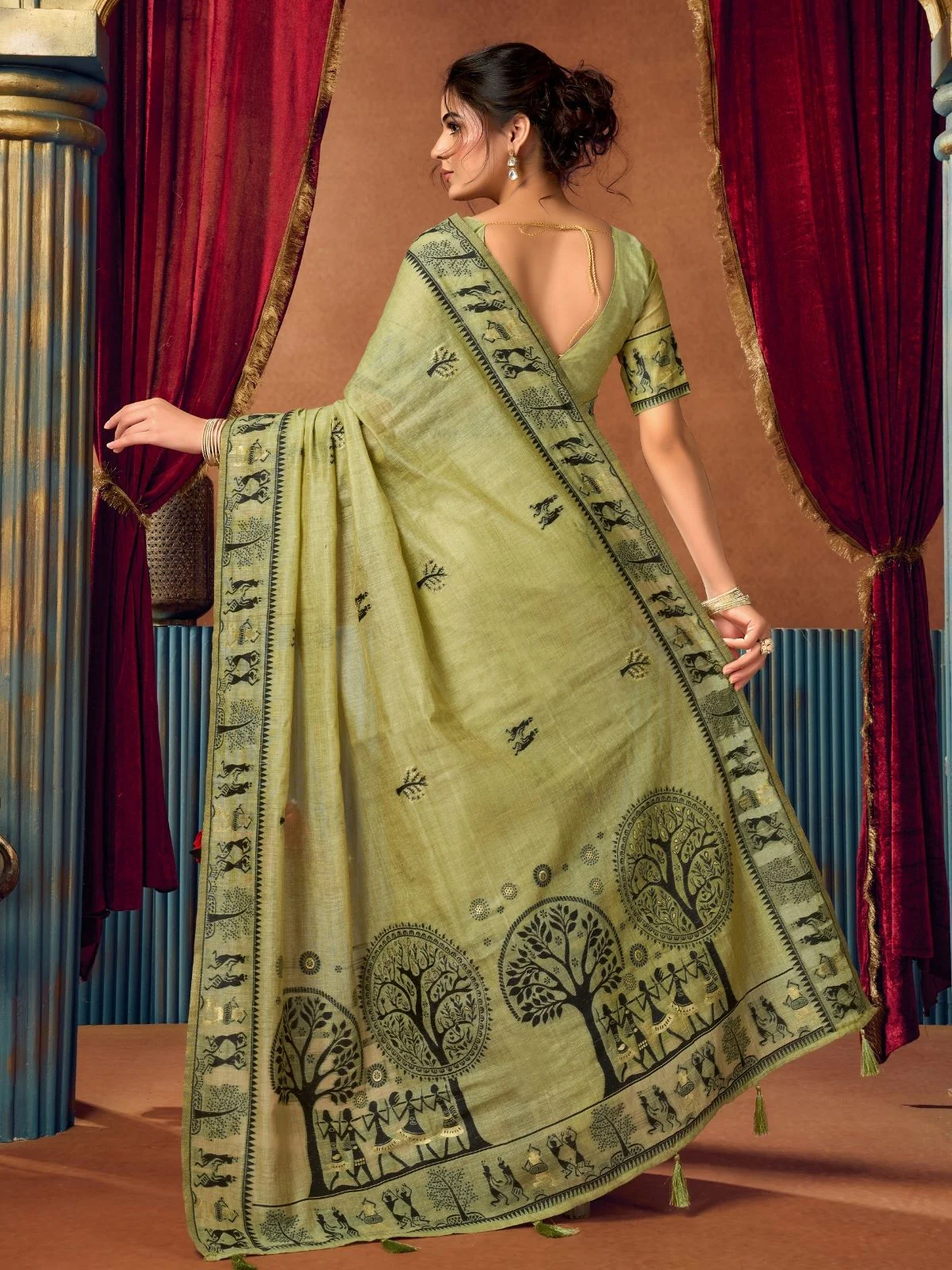 Odette Pista Green Cotton Blend Printed Saree For Women - Image 4