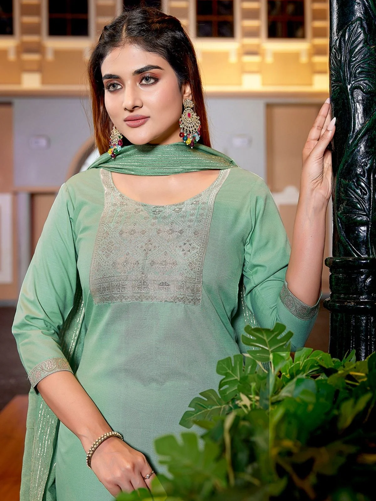 Odette Pista Green Cotton Blend Solid Stiched Kurta Set For Women - Image 4