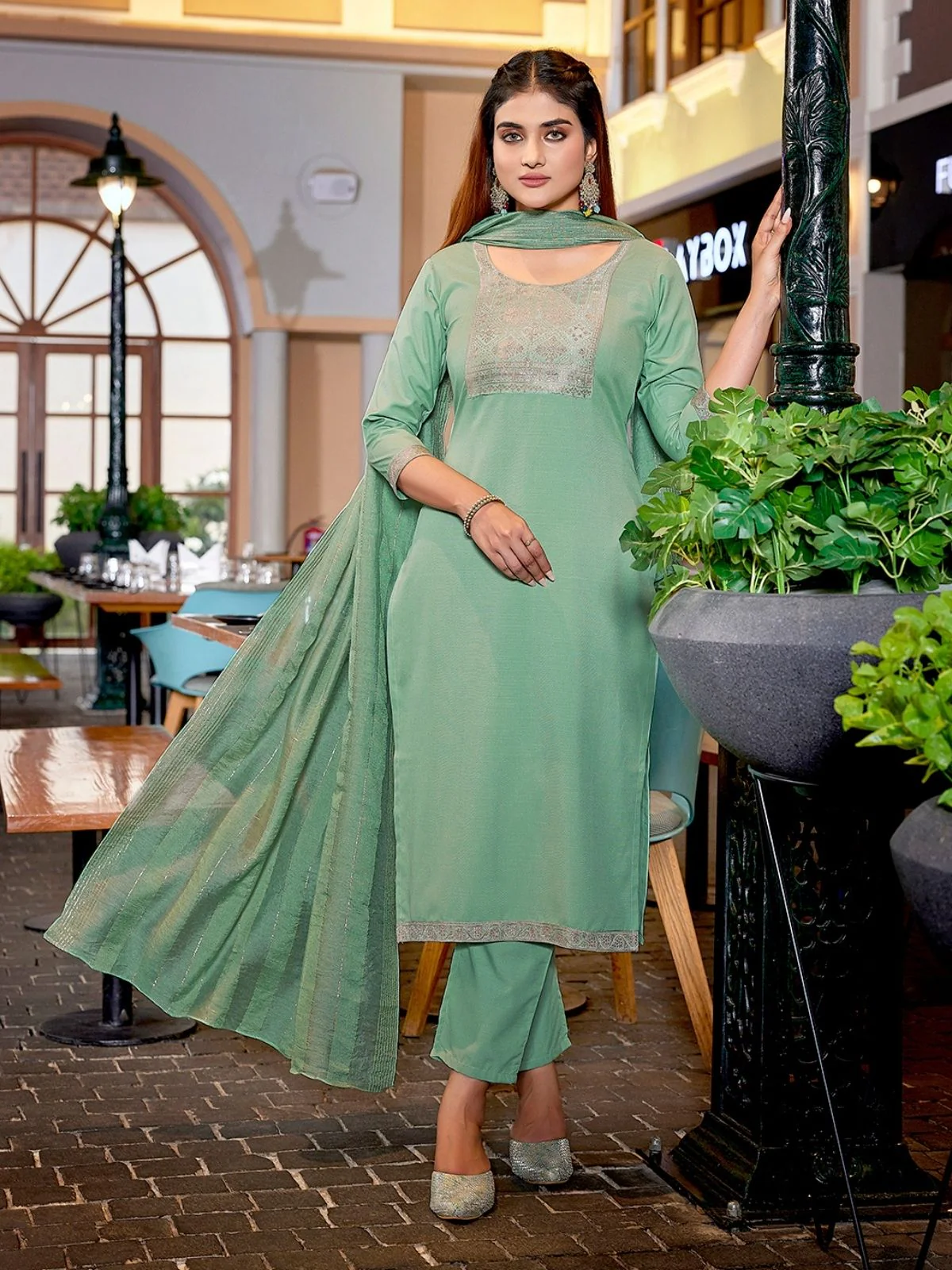 Odette Pista Green Cotton Blend Solid Stiched Kurta Set For Women - Image 6