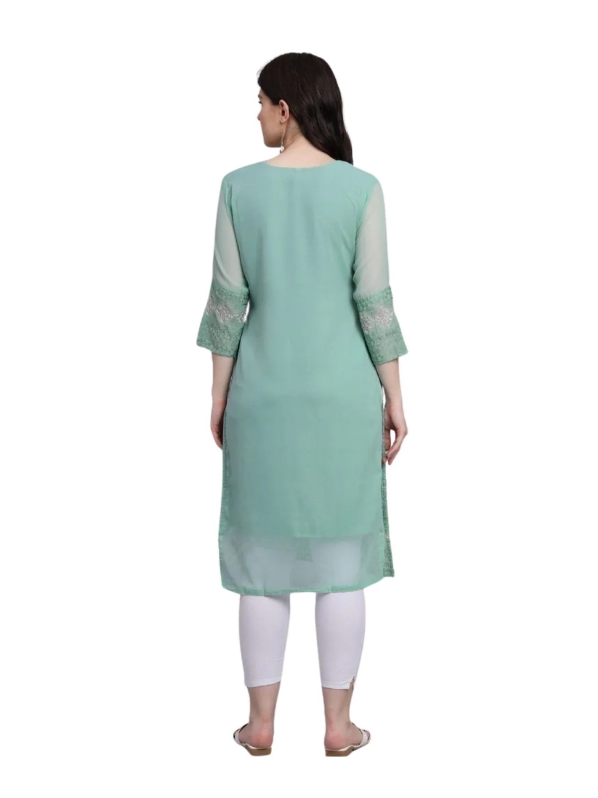 Odette Pista Green Georgette Embroidered Kurti For Women - Image 3