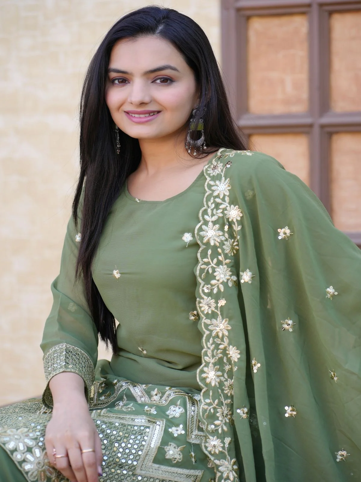 Odette Pista Green Georgette Embroidered Stitched Kurta Set For Women - Image 4