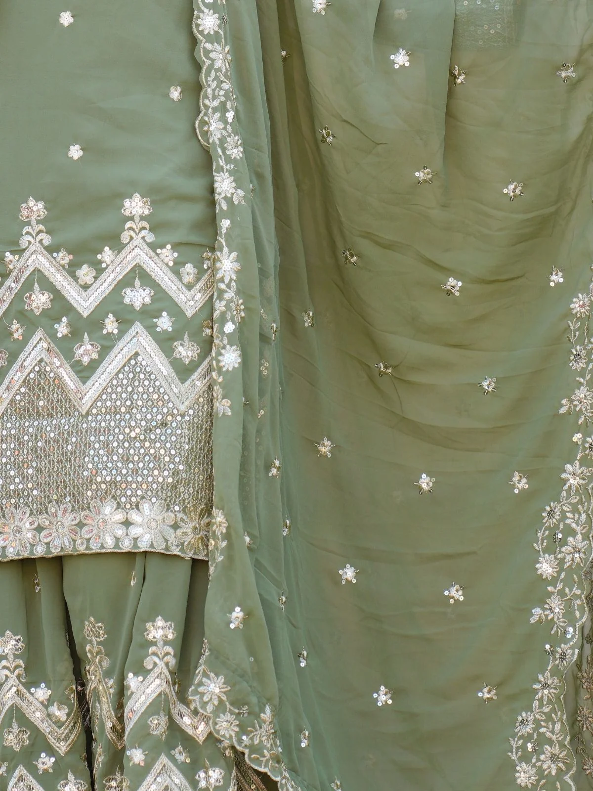 Odette Pista Green Georgette Embroidered Stitched Kurta Set For Women - Image 5