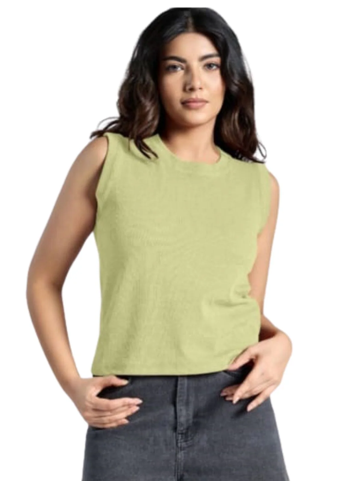 Odette Pista Green Knited Solid Top For Women - Image 2