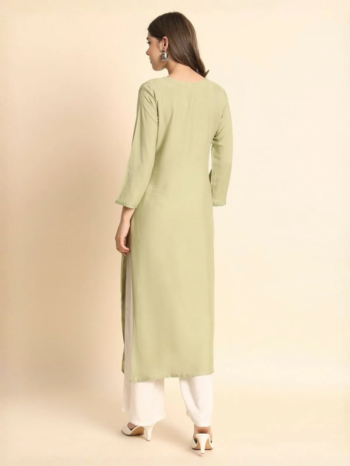 Odette Pista Green Rayon Embroidered Kurti For Women - Image 3