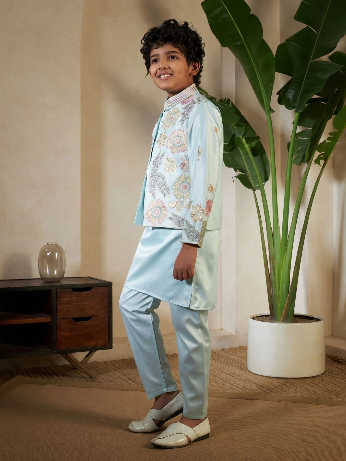 Odette Pista Green Satin Embellished Stitched Kurta Set For Kids - Image 2