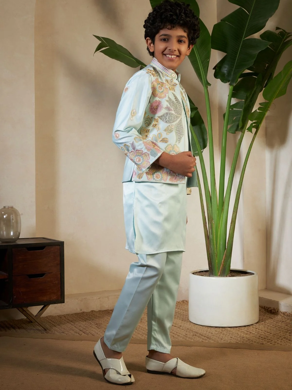 Odette Pista Green Satin Embellished Stitched Kurta Set For Kids - Image 3