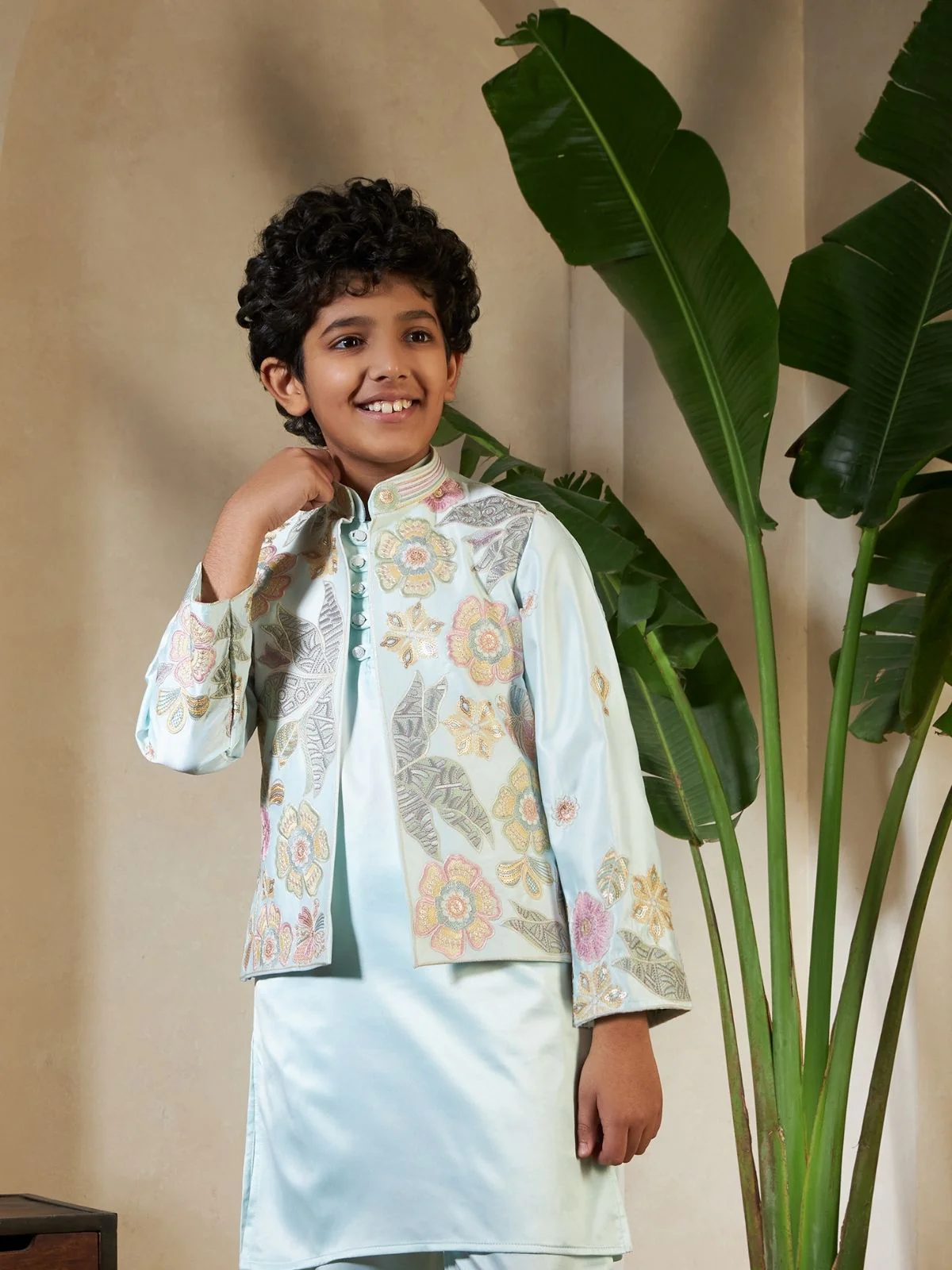 Odette Pista Green Satin Embellished Stitched Kurta Set For Kids - Image 5