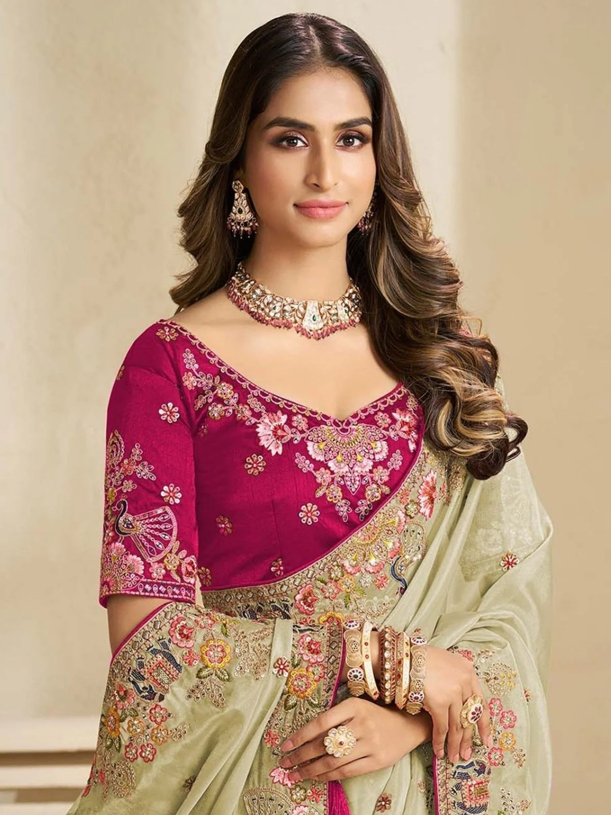 Odette Pista Green Satin Embroidered Saree For Women - Image 2