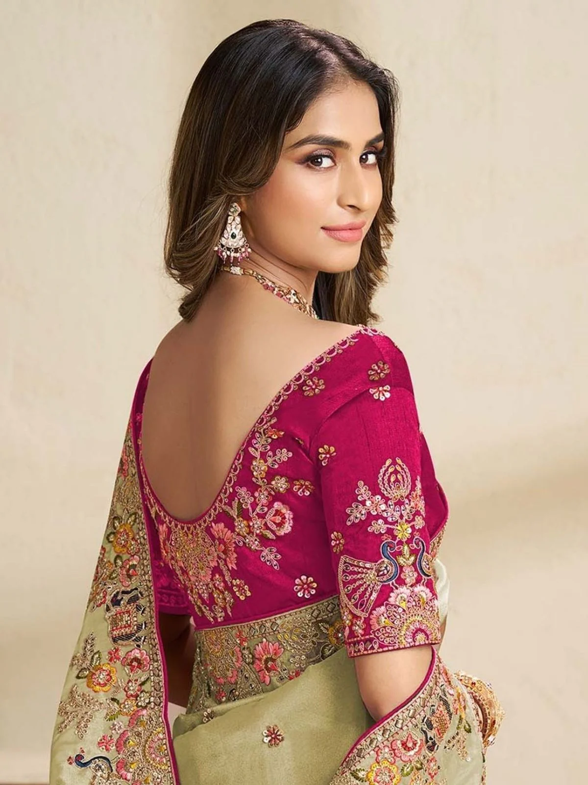 Odette Pista Green Satin Embroidered Saree For Women - Image 3