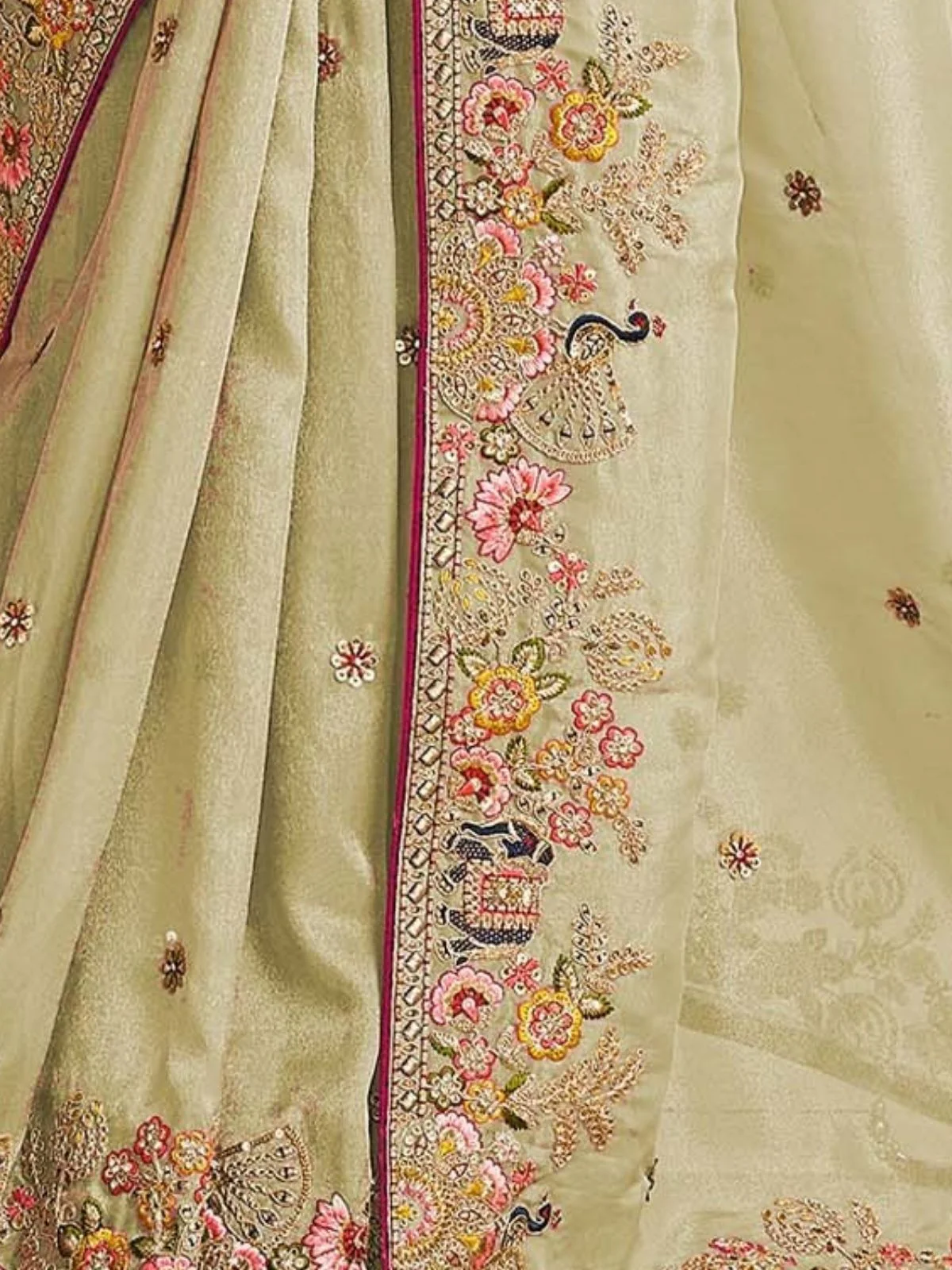 Odette Pista Green Satin Embroidered Saree For Women - Image 4