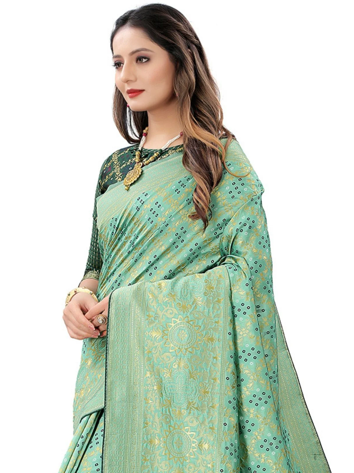 Odette Pista Green Silk Blend Embellished Saree For Women - Image 2