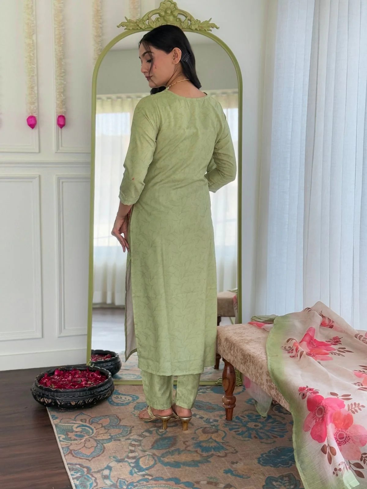 Odette Pista Green Silk Blend Embroidered Stitched Kurta Set For Women - Image 2