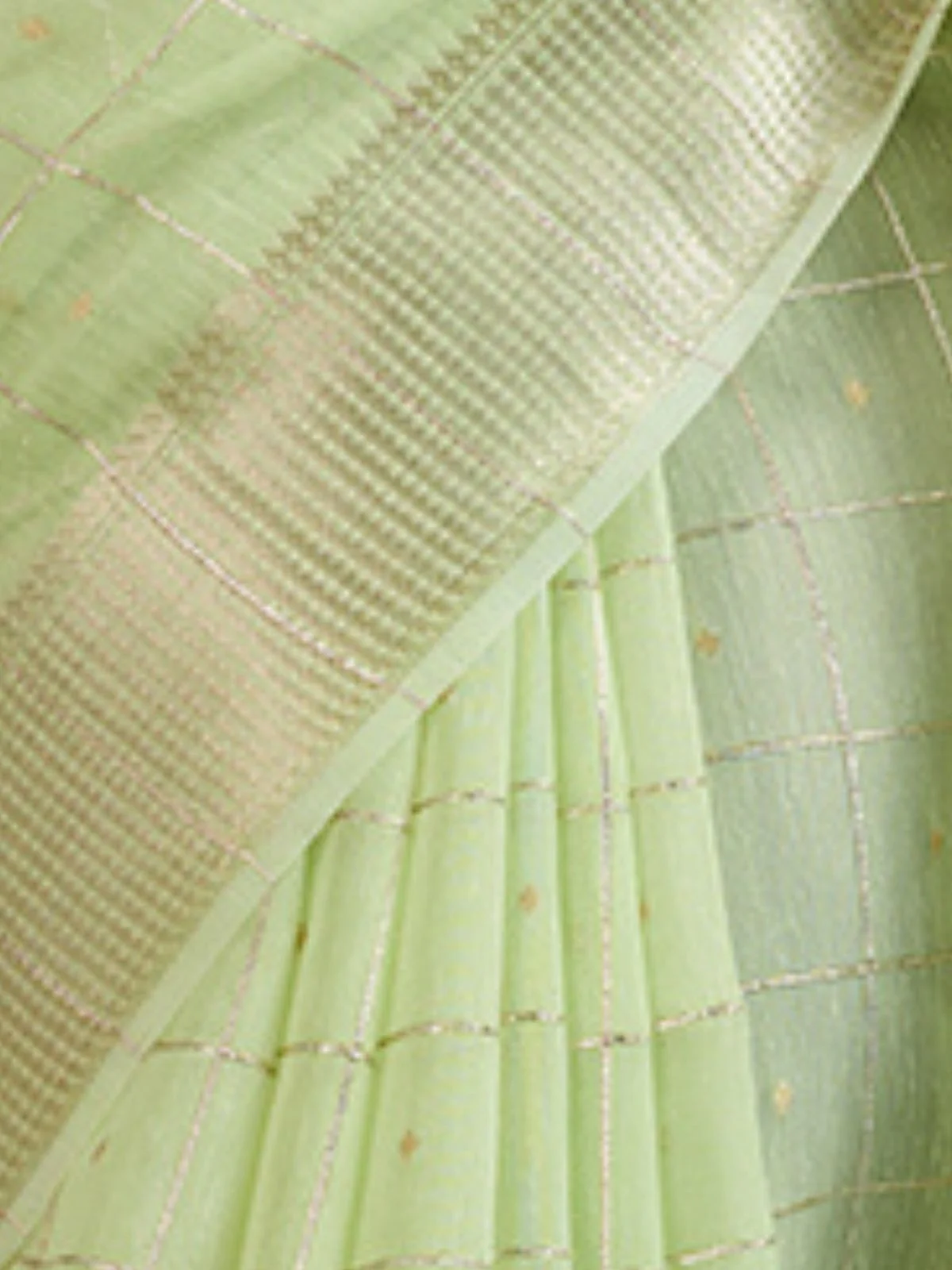 Odette Pista Green Silk Blend Woven Checked Saree For Women - Image 5