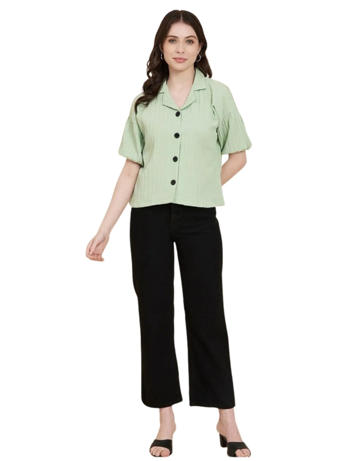Odette Pista Green Sugarcane Solid Shirt For Women