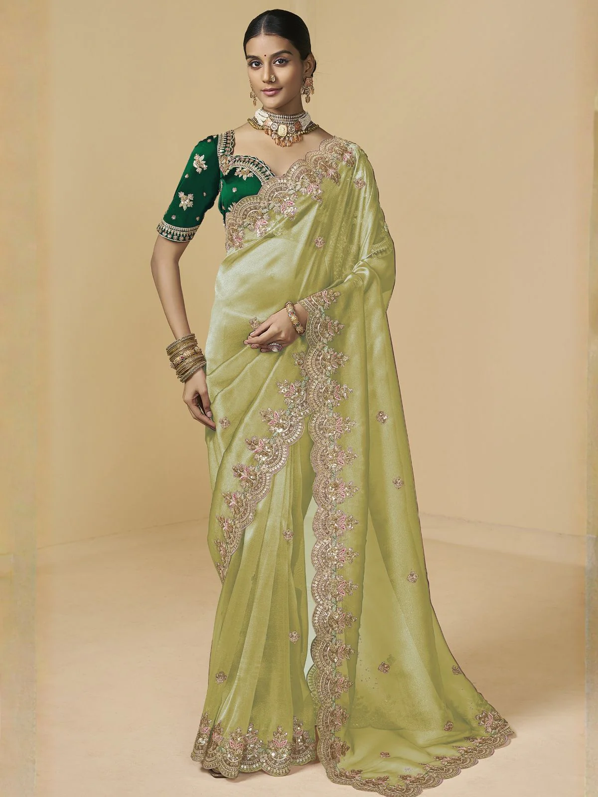 Odette Pista Green Tissue Embellished Saree For Women
