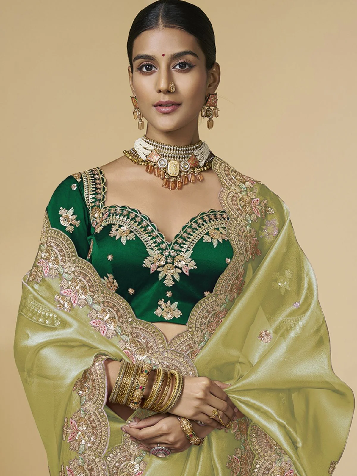 Odette Pista Green Tissue Embellished Saree For Women - Image 3