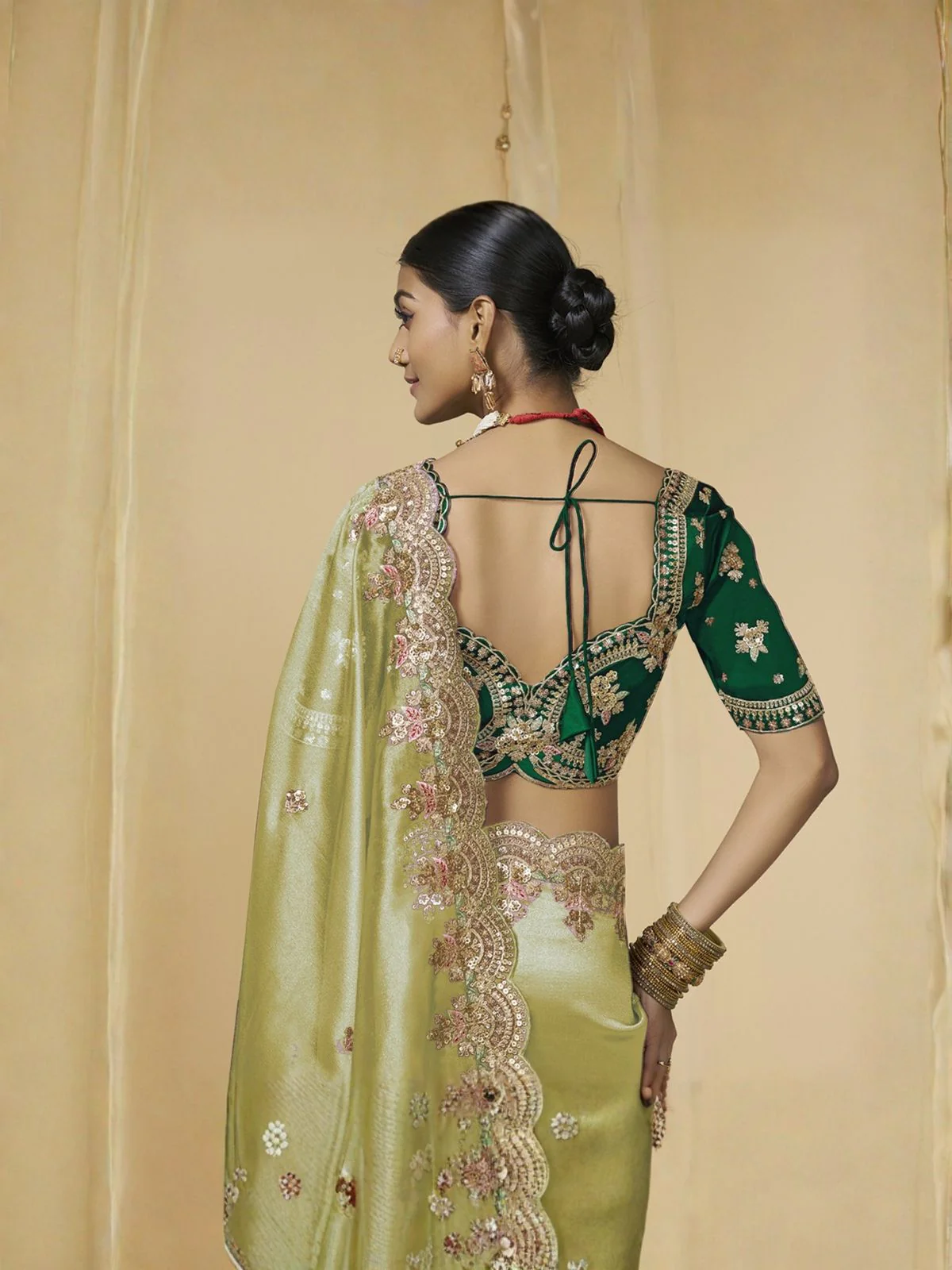 Odette Pista Green Tissue Embellished Saree For Women - Image 4