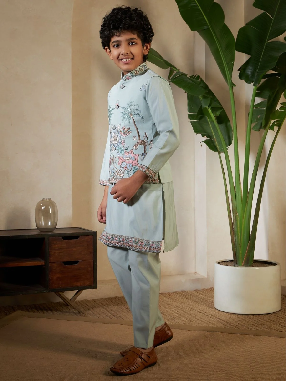 Odette Pista Green Viscose Silk Embellished Stitched Kurta Set For Kids - Image 2