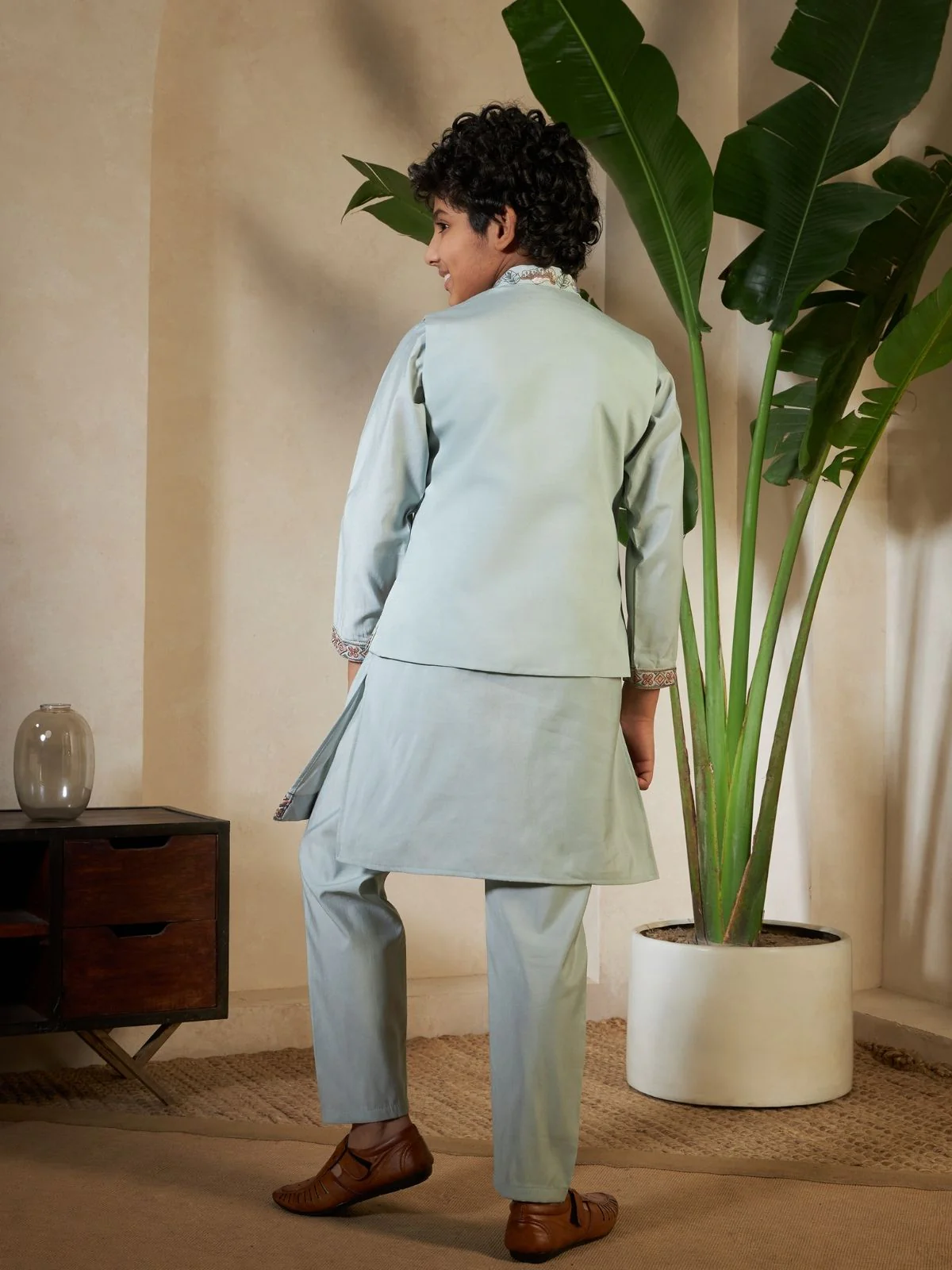 Odette Pista Green Viscose Silk Embellished Stitched Kurta Set For Kids - Image 4