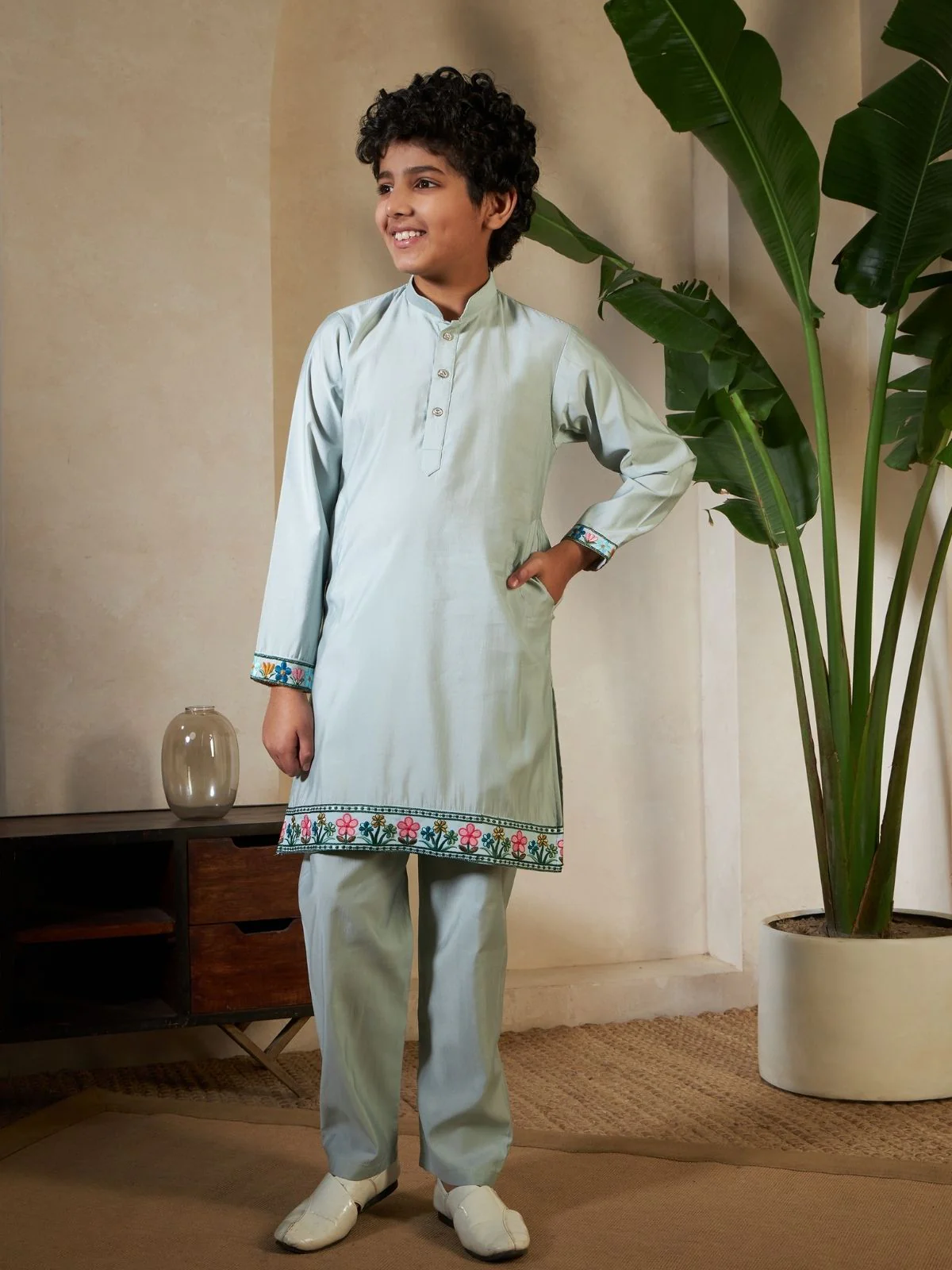 Odette Pista Green Viscose Silk Embellished Stitched Kurta Set For Kids - Image 3