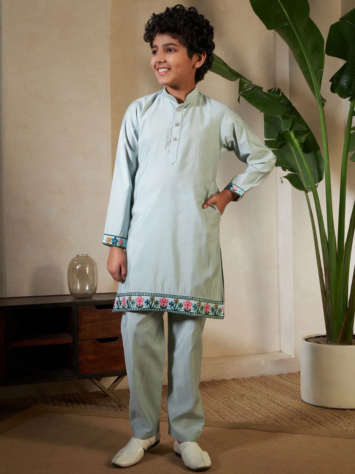 Odette Pista Green Viscose Silk Embellished Stitched Kurta Set For Kids - Image 5