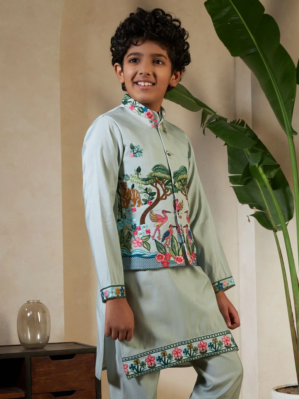 Odette Pista Green Viscose Silk Embellished Stitched Kurta Set For Kids - Image 6