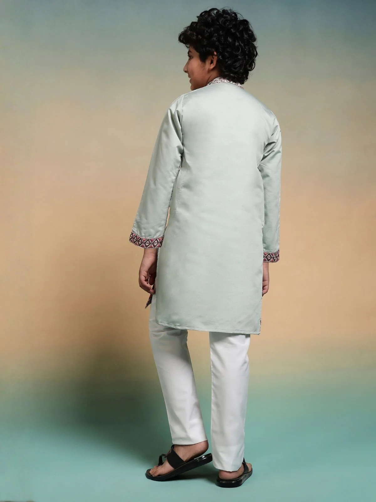 Odette Pista Green Viscose Silk Embroidered Stitched Kurta Set For Kids - Image 4