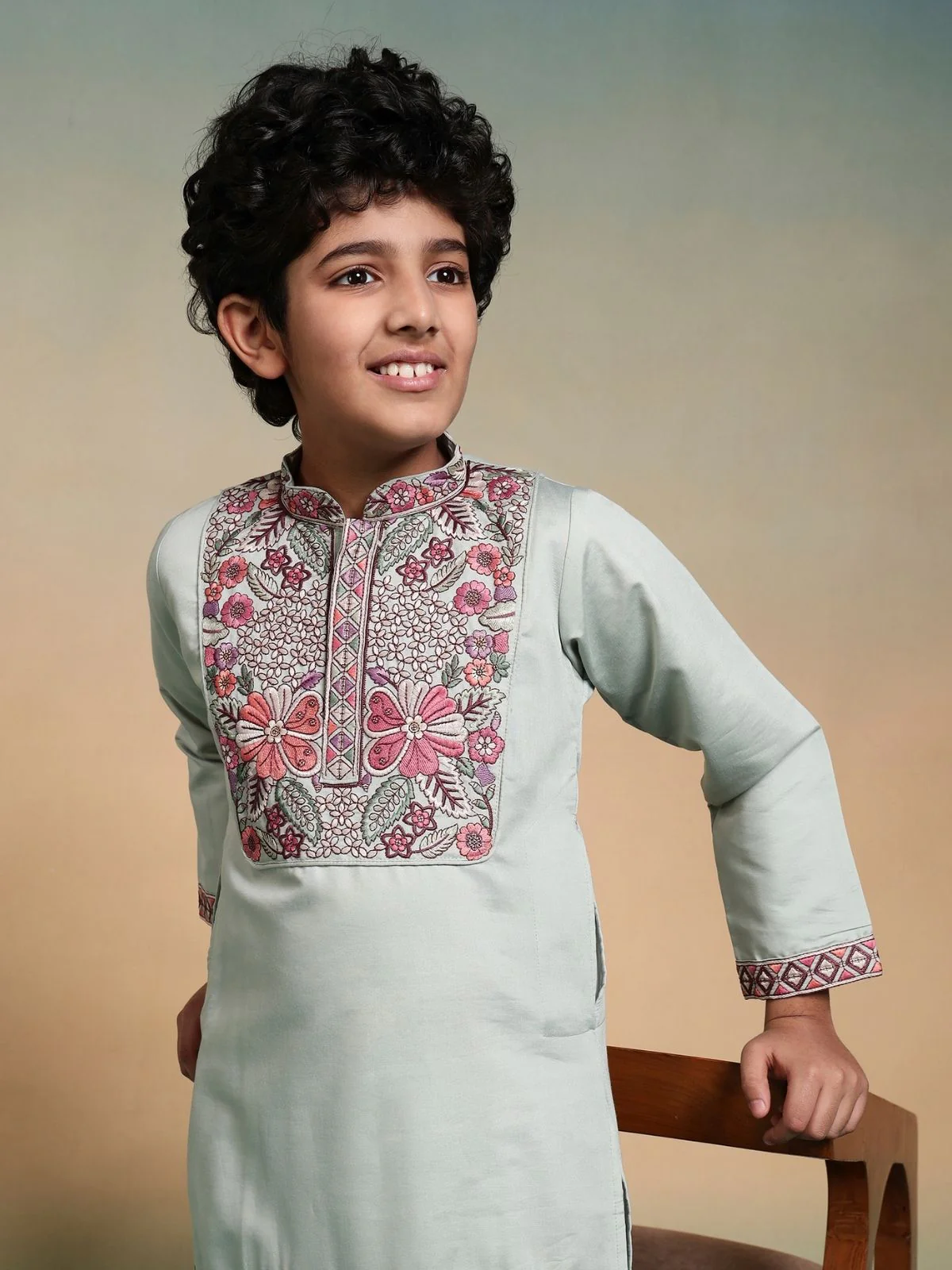 Odette Pista Green Viscose Silk Embroidered Stitched Kurta Set For Kids - Image 5