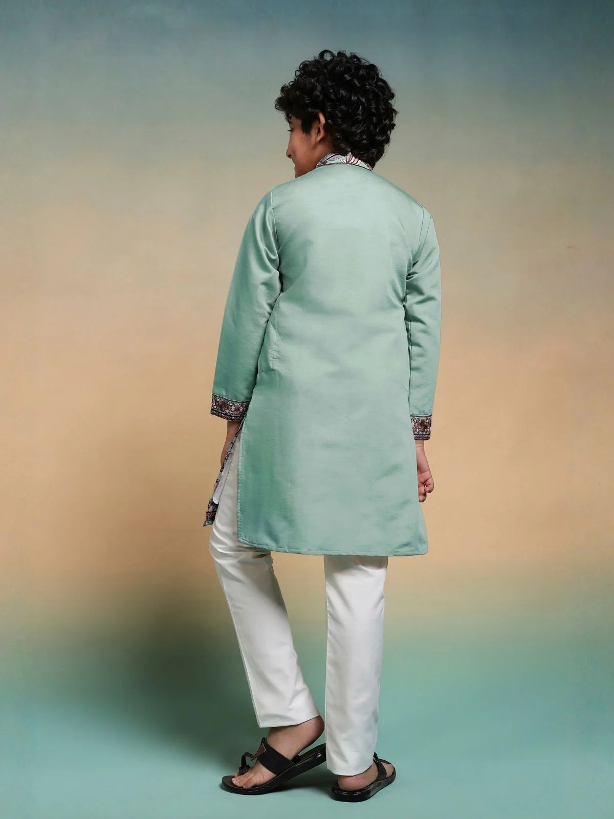 Odette Pista Green Viscose Silk Embroidered Stitched Kurta Set For Kids - Image 4