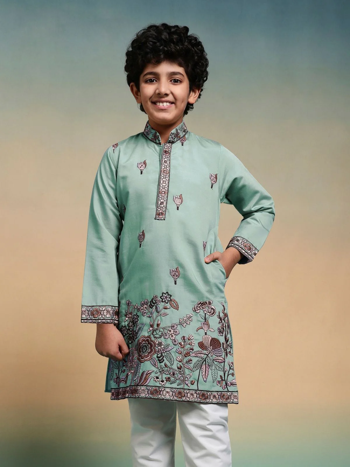 Odette Pista Green Viscose Silk Embroidered Stitched Kurta Set For Kids - Image 5