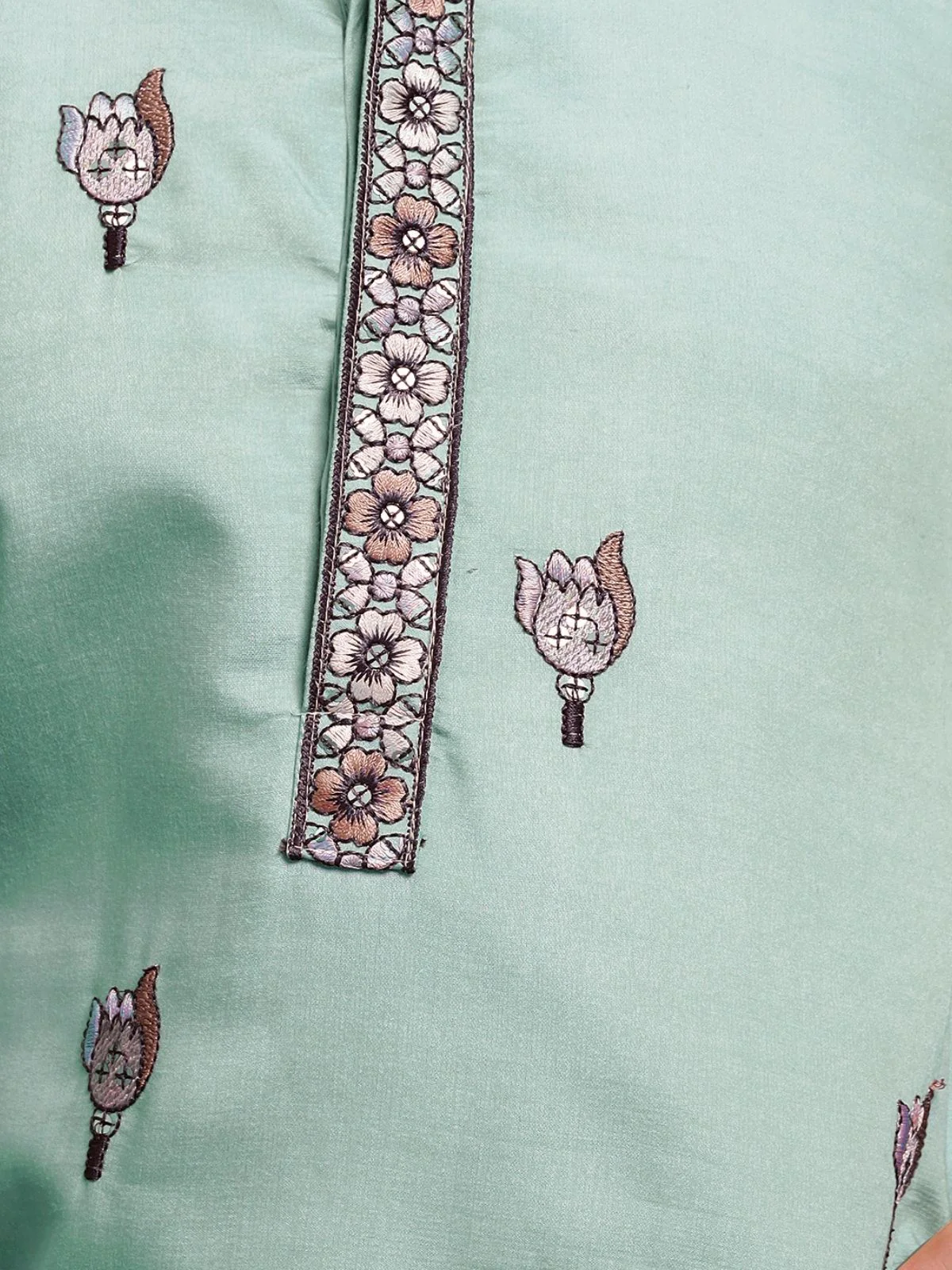 Odette Pista Green Viscose Silk Embroidered Stitched Kurta Set For Kids - Image 6
