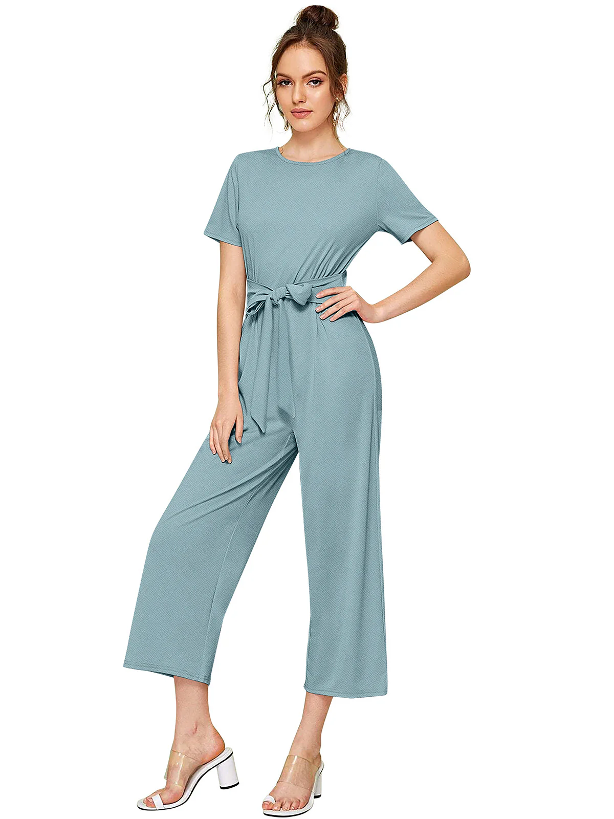 Odette Light Blue Knit Fabric Jumpsuit For Women - Image 3