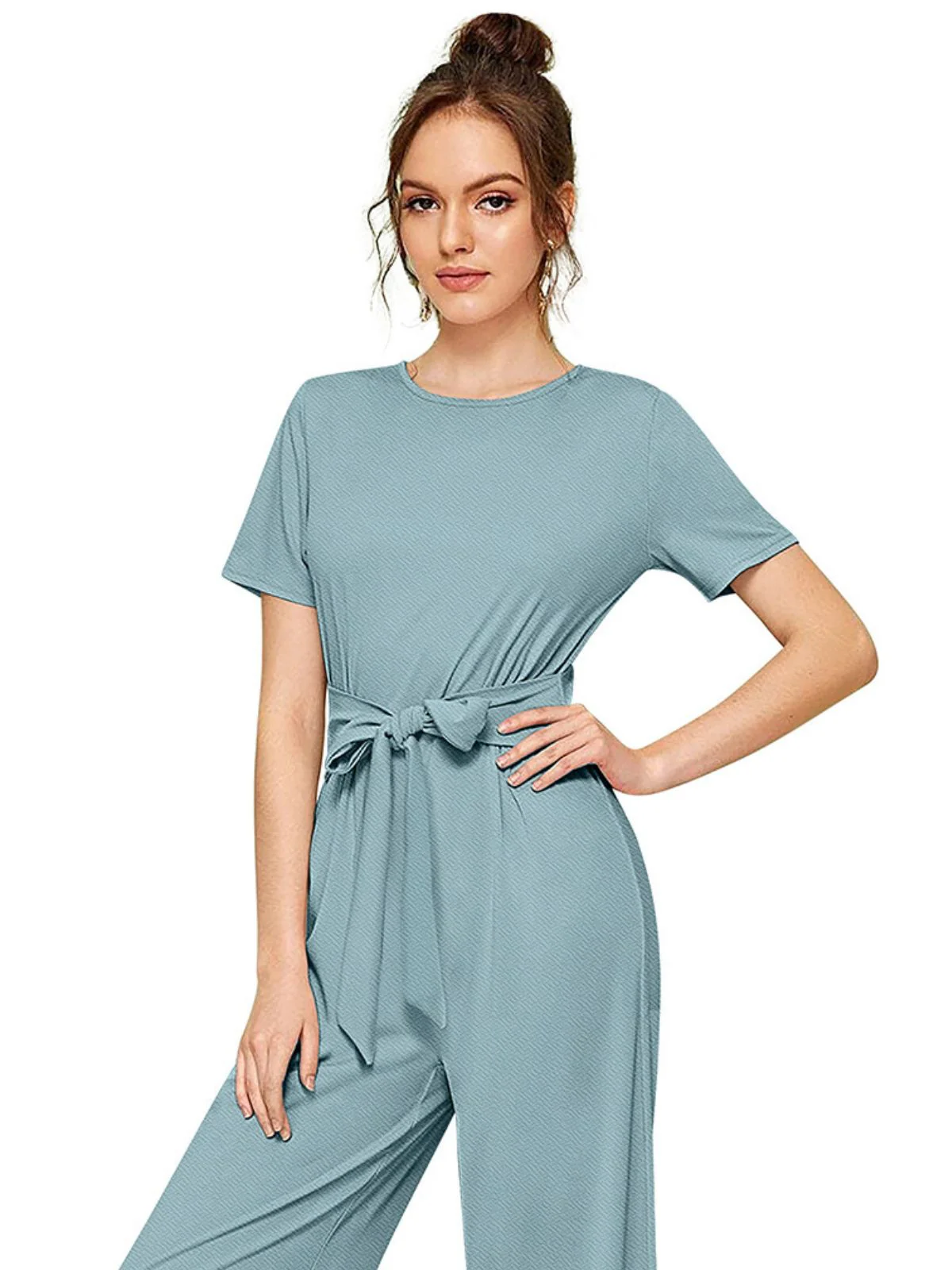 Odette Light Blue Knit Fabric Jumpsuit For Women - Image 5