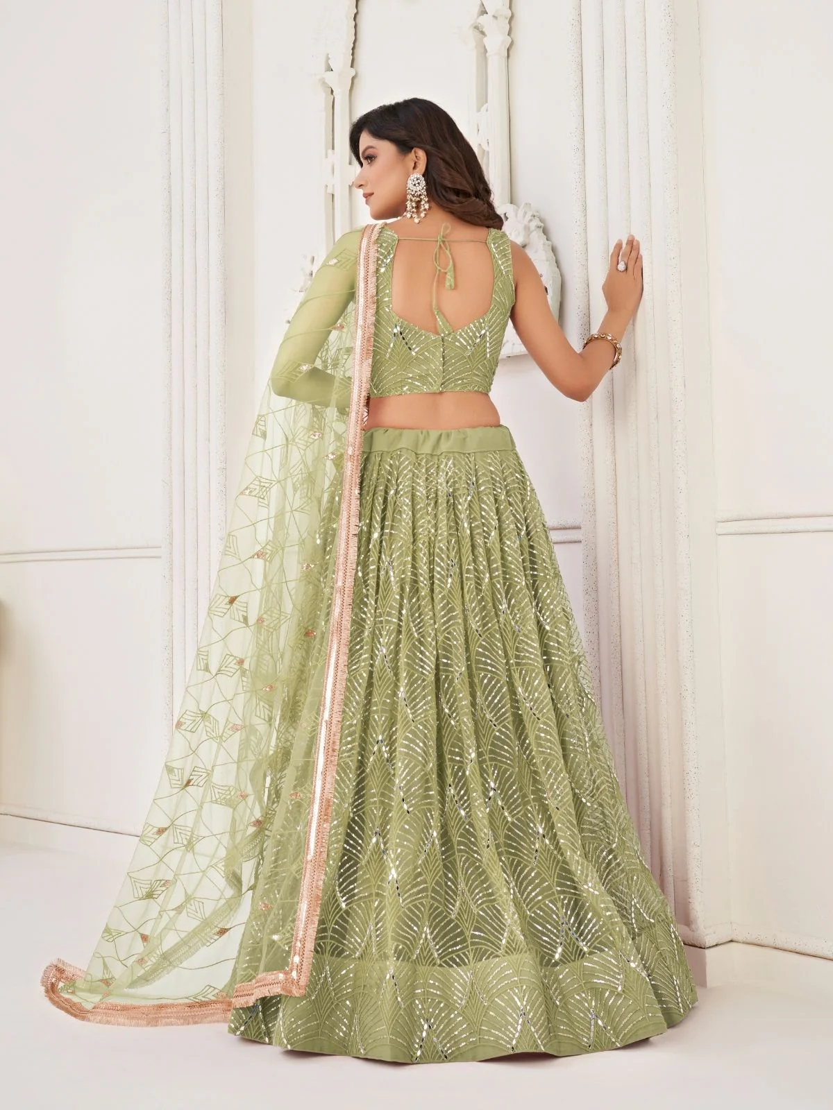 Odette Pista Net Embroidered Semi Stitched Lehenga For Women - Image 3