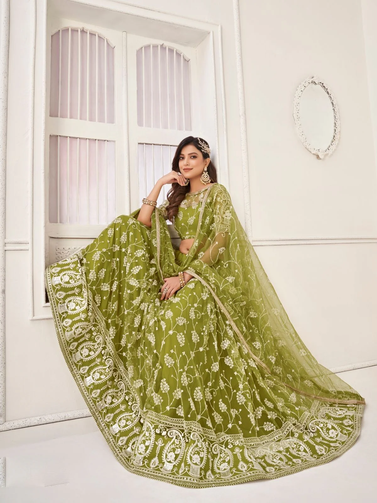 Odette Pista Net Embroidered Semi Stitched Lehenga For Women - Image 3