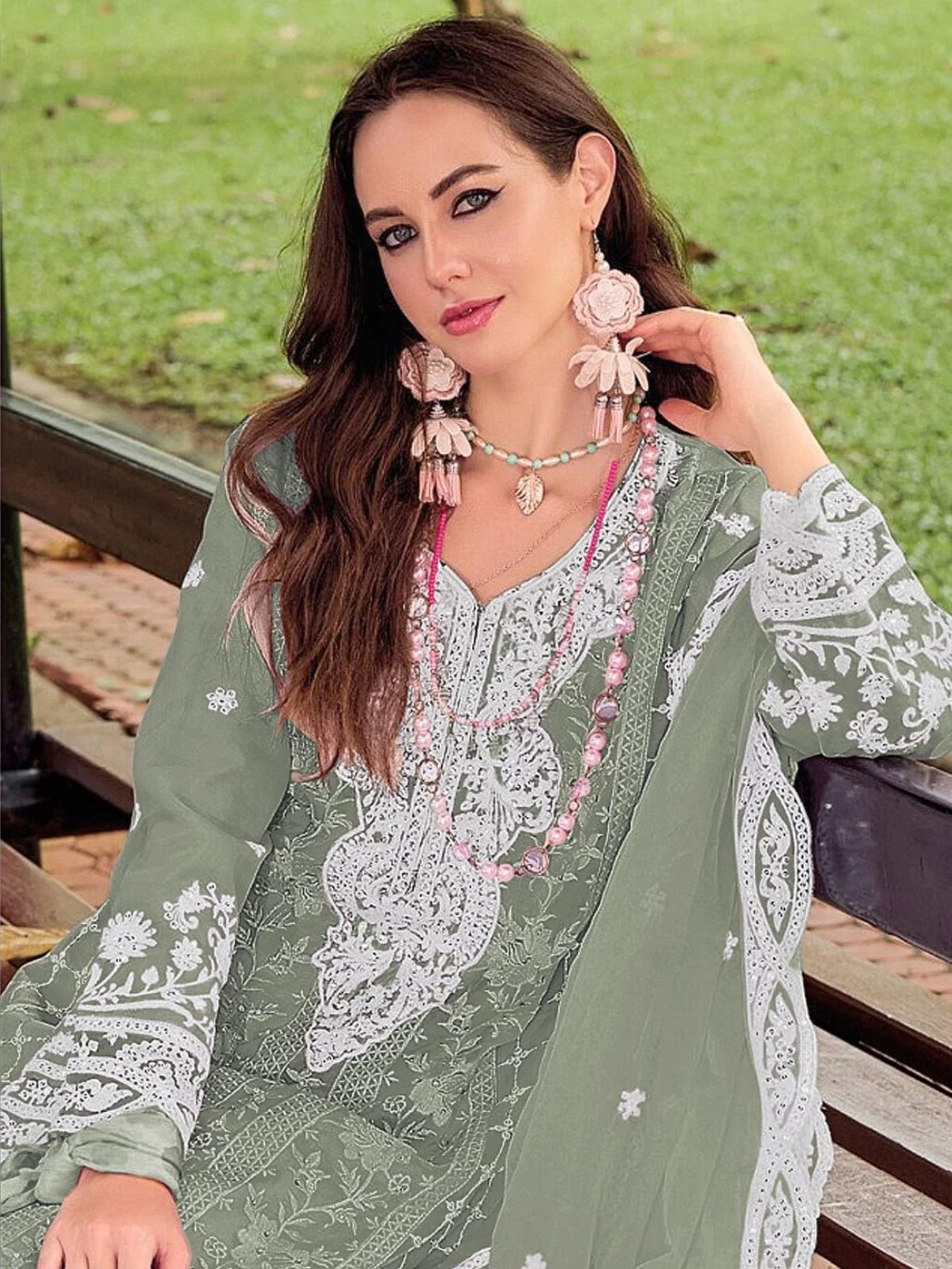 Odette Pista Silk Blend Embellished Semi Stitched Kurta Set For Women - Image 2