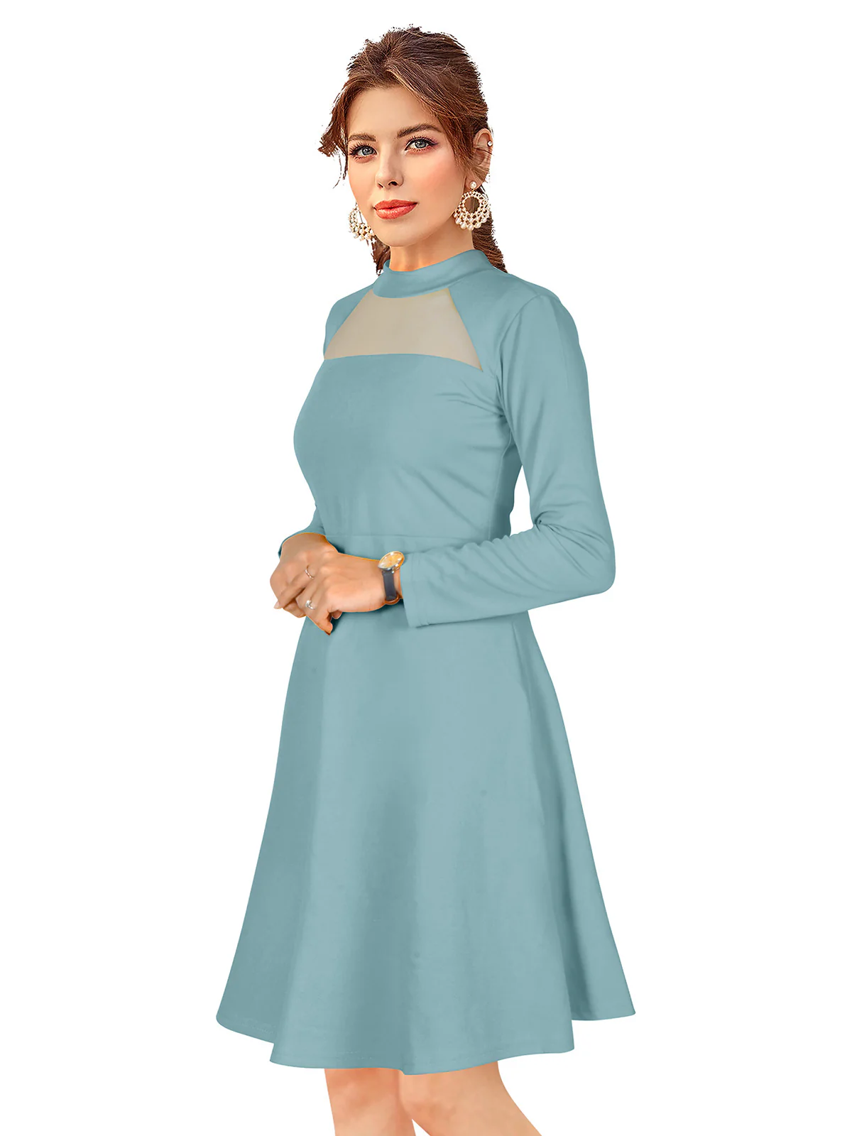 Odette Light Blue Skater Knit Fabric  Dress For Women - Image 3