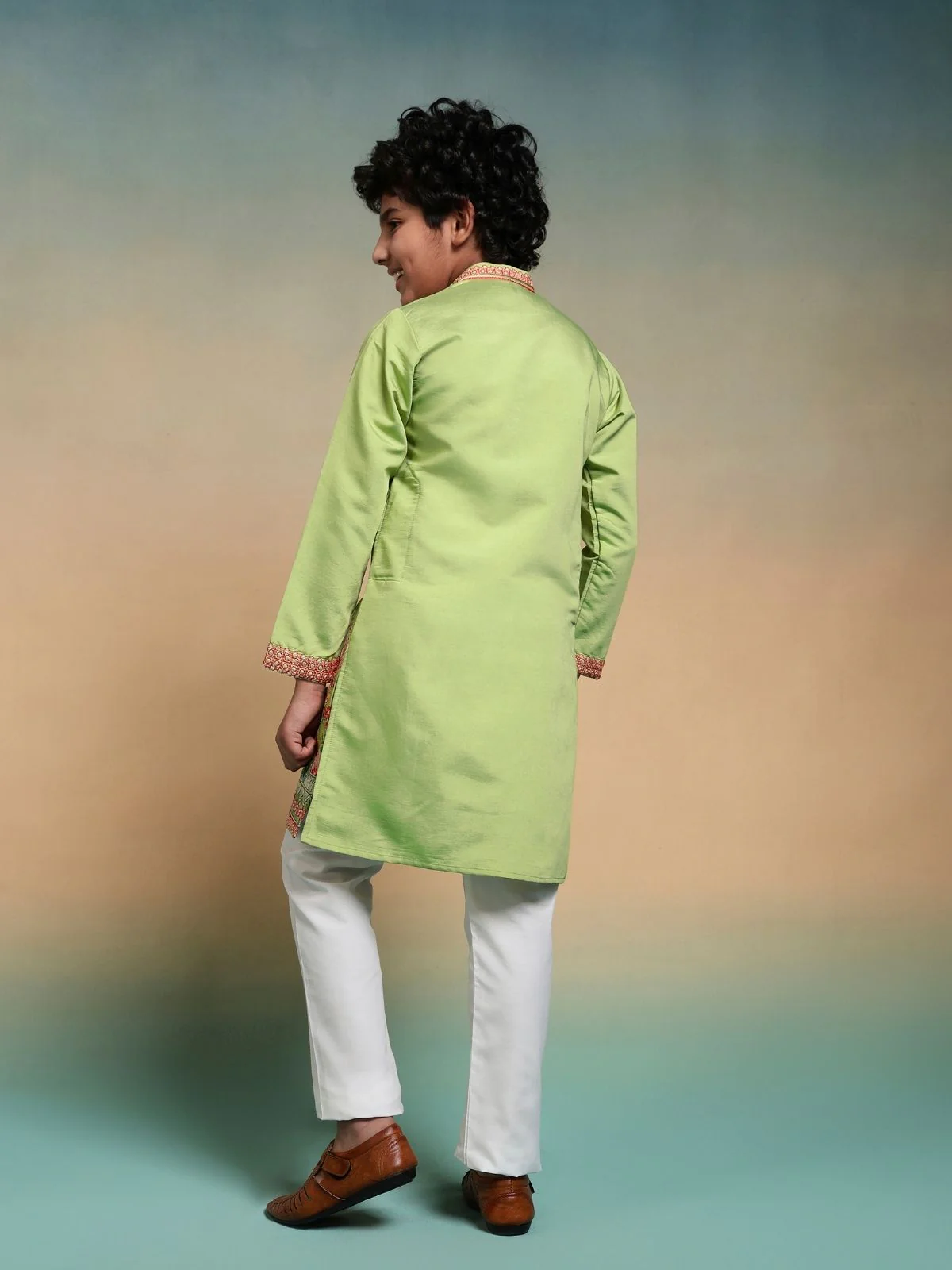 Odette Pista Viscose Silk Embroidered Stitched Kurta Set For Kids - Image 4