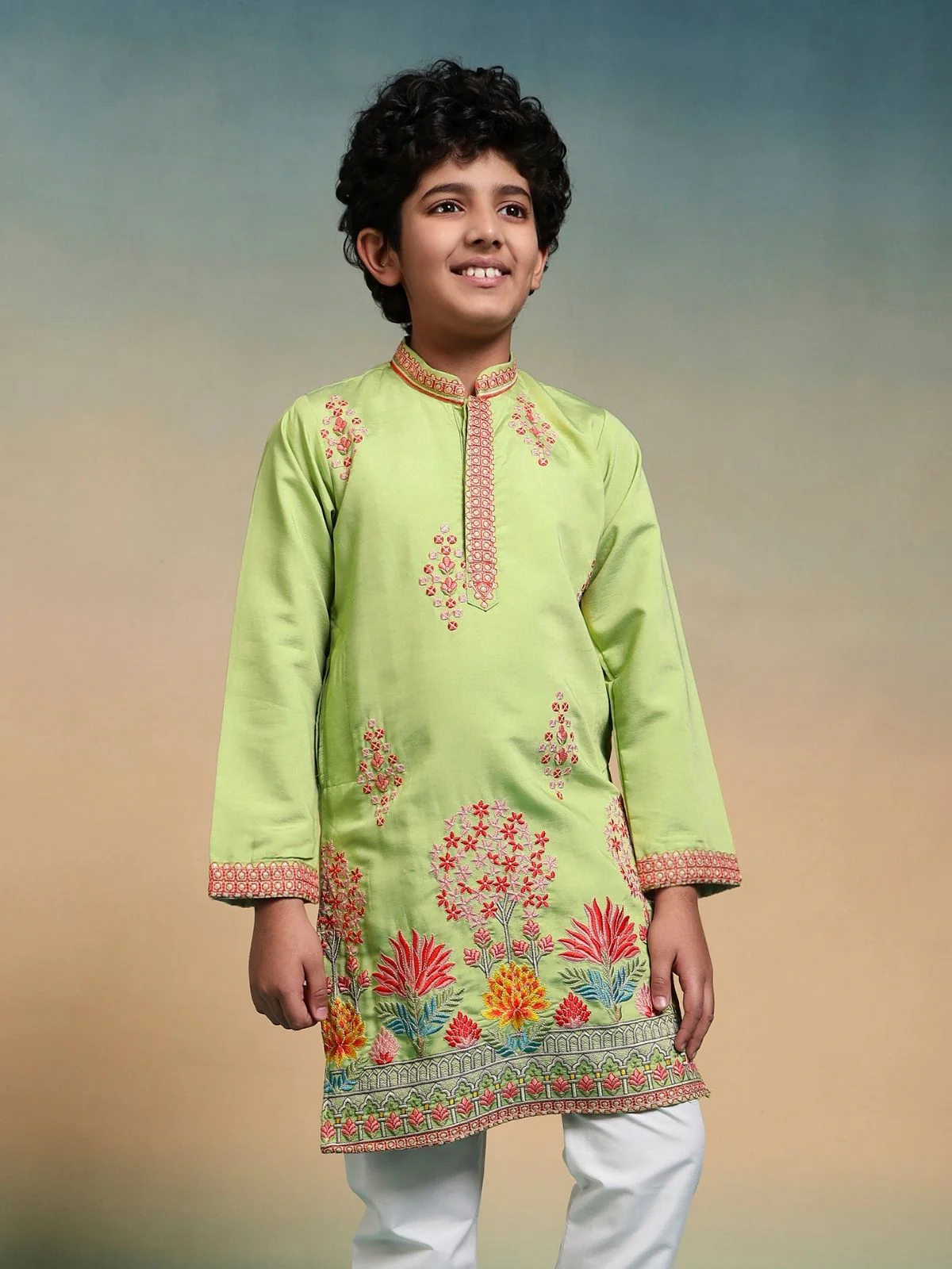 Odette Pista Viscose Silk Embroidered Stitched Kurta Set For Kids - Image 5