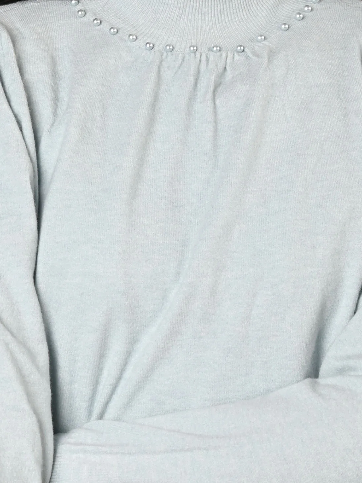 Odette Powder Blue Ribbed Cotton Embellished Top For Women - Image 4