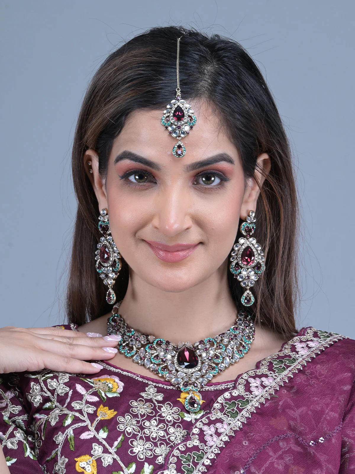 Odette Purple and Blue Stone Studded Necklace Set with Maangtika for Women - Image 2