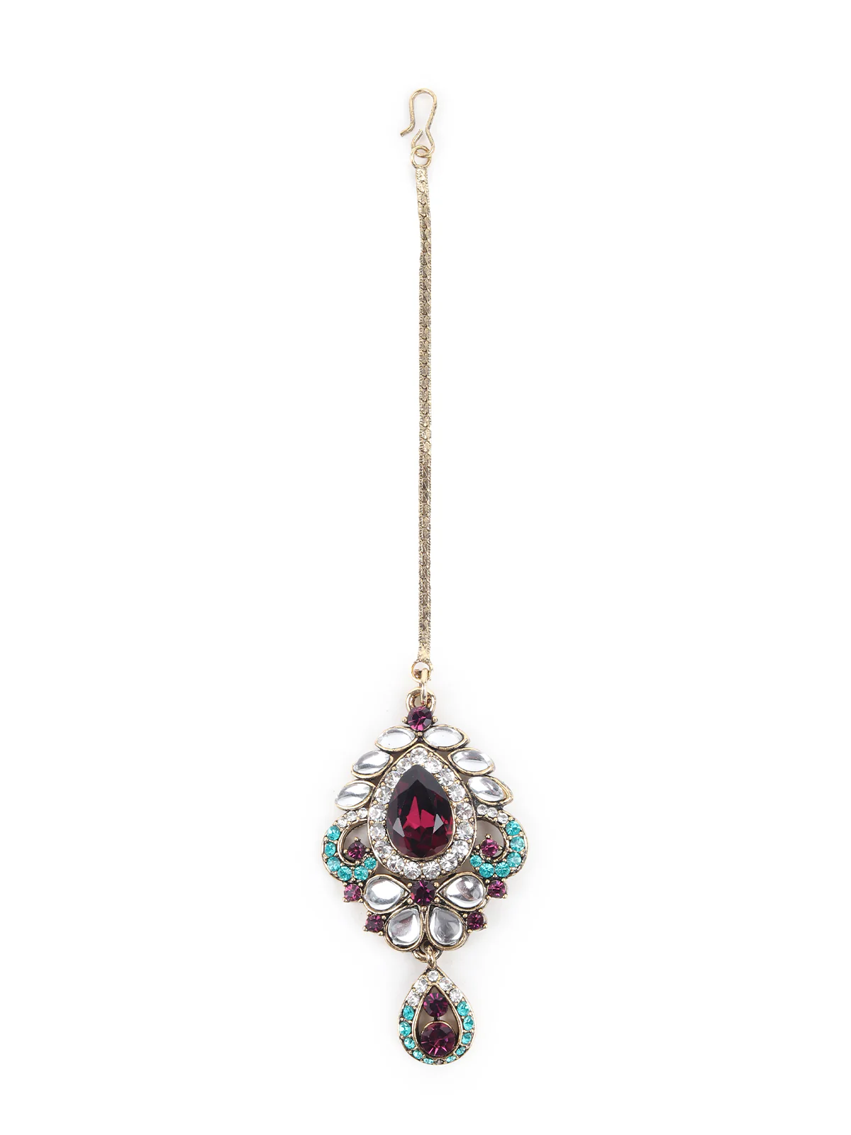 Odette Purple and Blue Stone Studded Necklace Set with Maangtika for Women - Image 7