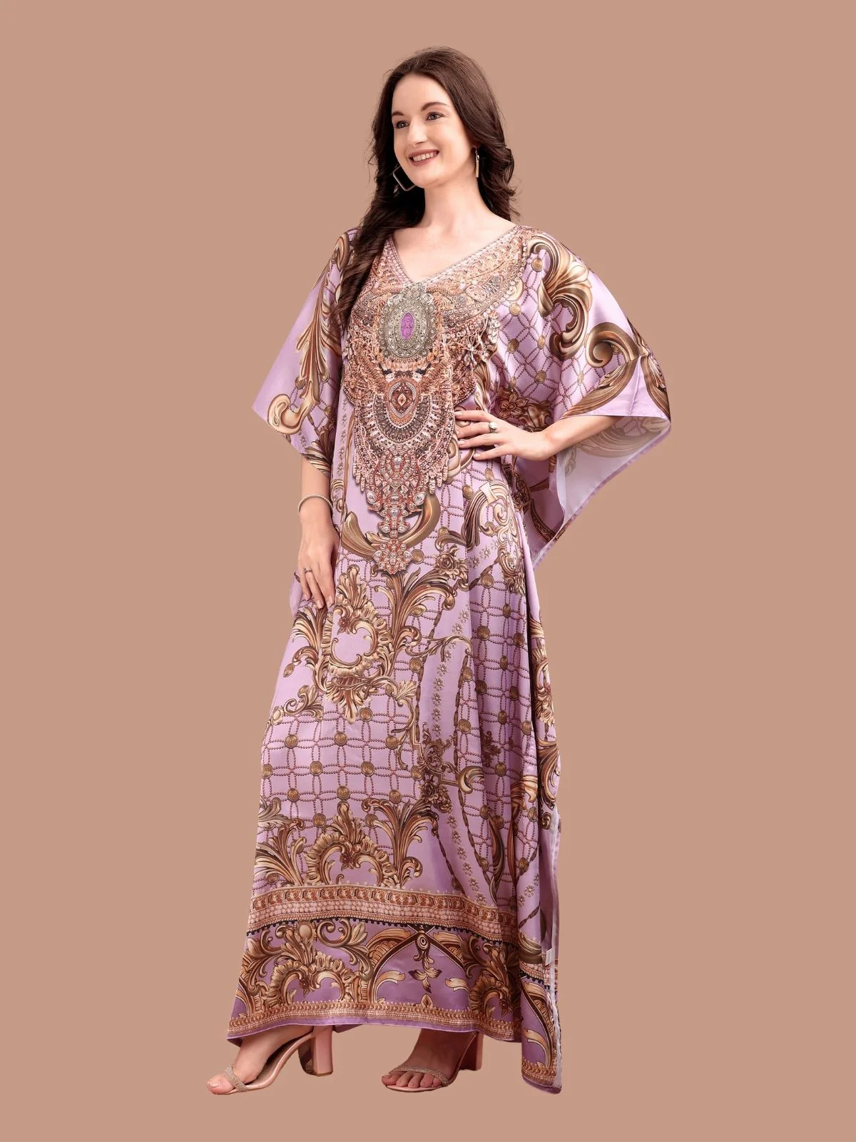 Odette Purple And Brown Satin Printed Kaftan For Women - Image 2