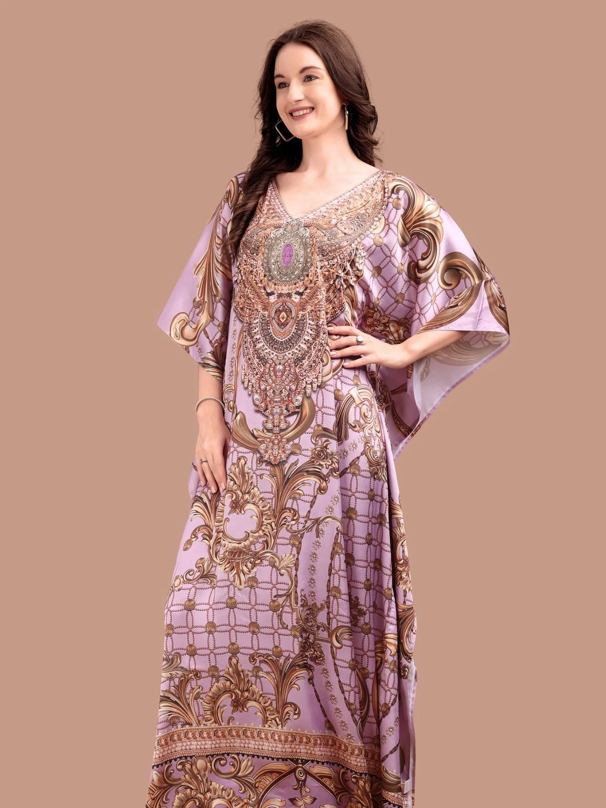 Odette Purple And Brown Satin Printed Kaftan For Women - Image 4